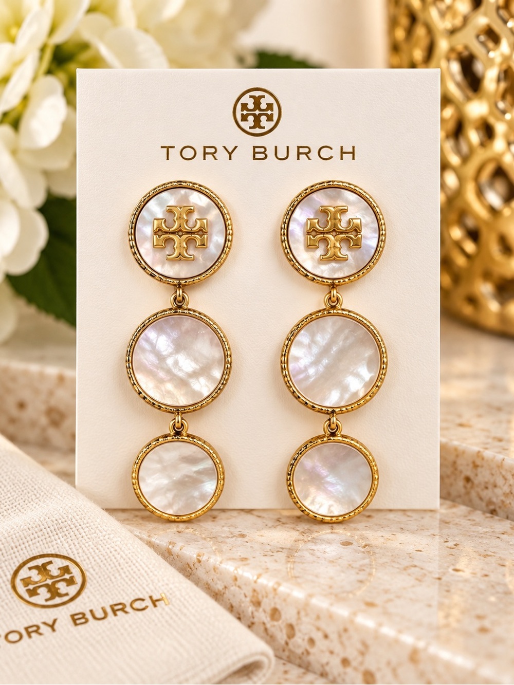 Tory Burch Mother of Pearl Logo Triple Drop Earrings Gold Tone